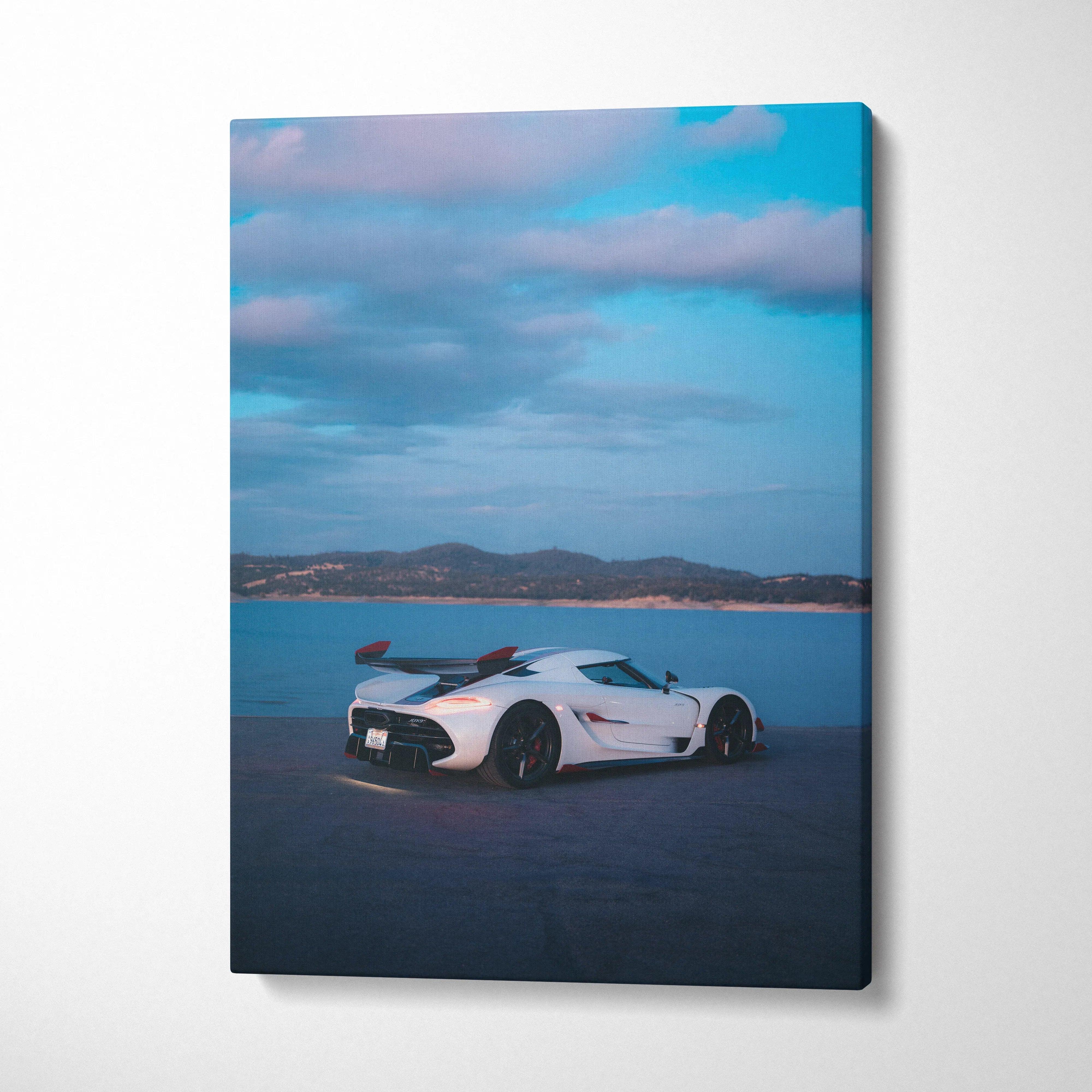 Koenigsegg Jesko white sports car on road with mountain backdrop canvas wall art.