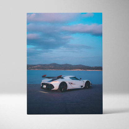 Koenigsegg Jesko white sports car on road with blue sky canvas wall art.