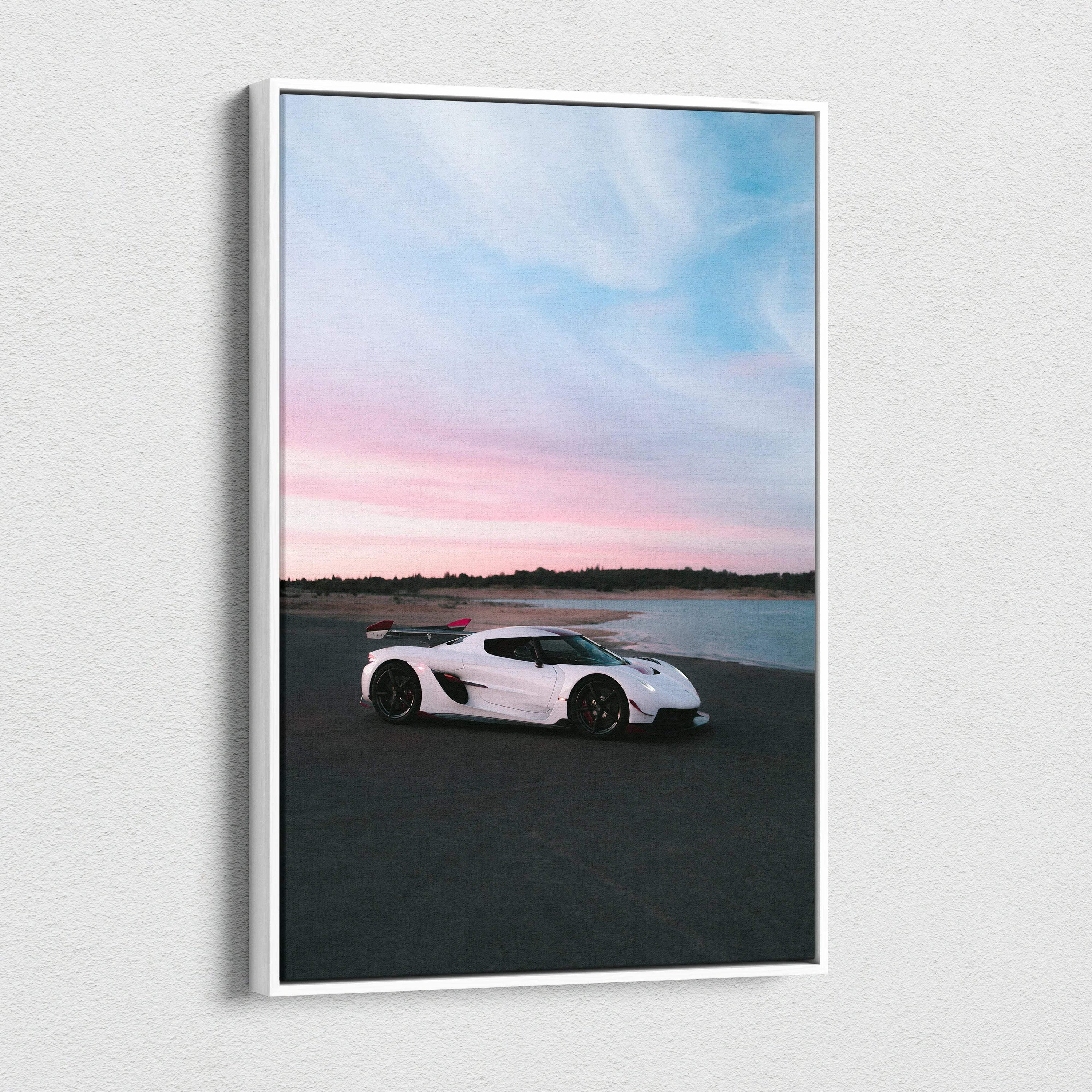 Vertical canvas art of white Koenigsegg Jesko supercar at sunset on dark asphalt wall art.
