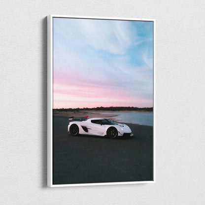 Vertical canvas art of white Koenigsegg Jesko supercar at sunset on dark asphalt wall art.