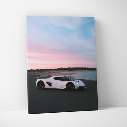 White Koenigsegg Jesko sports car under a pastel sunset sky on vertical canvas wall art.