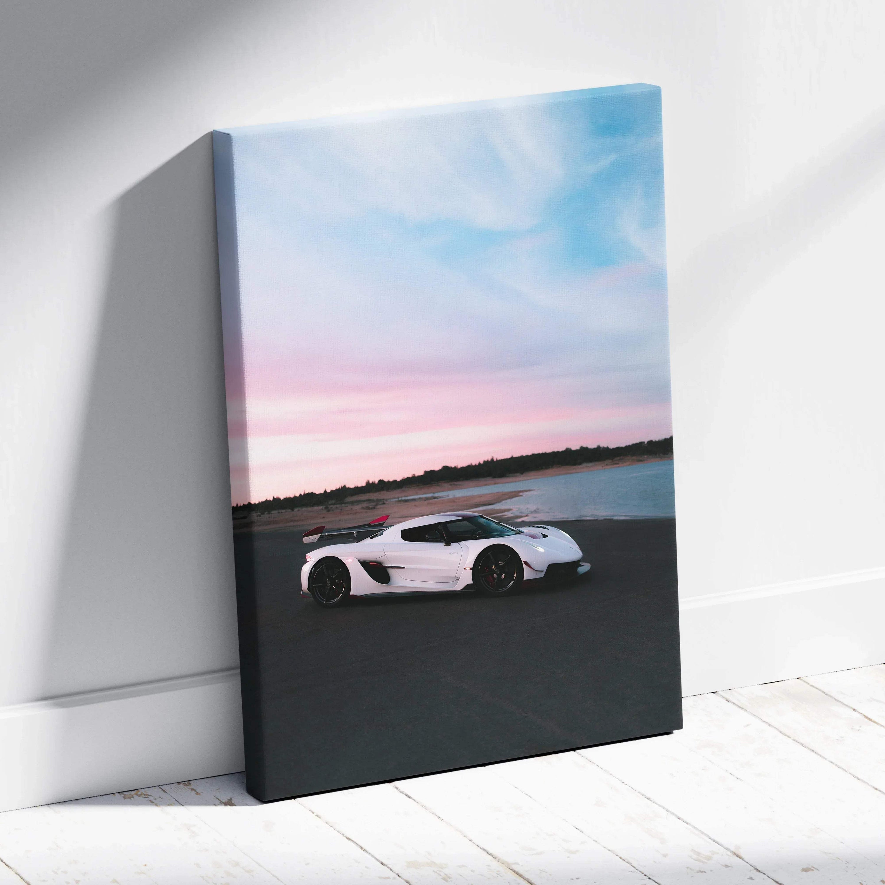 Koenigsegg Jesko sports car on road at sunset vertical canvas wall art with soft sky colors.