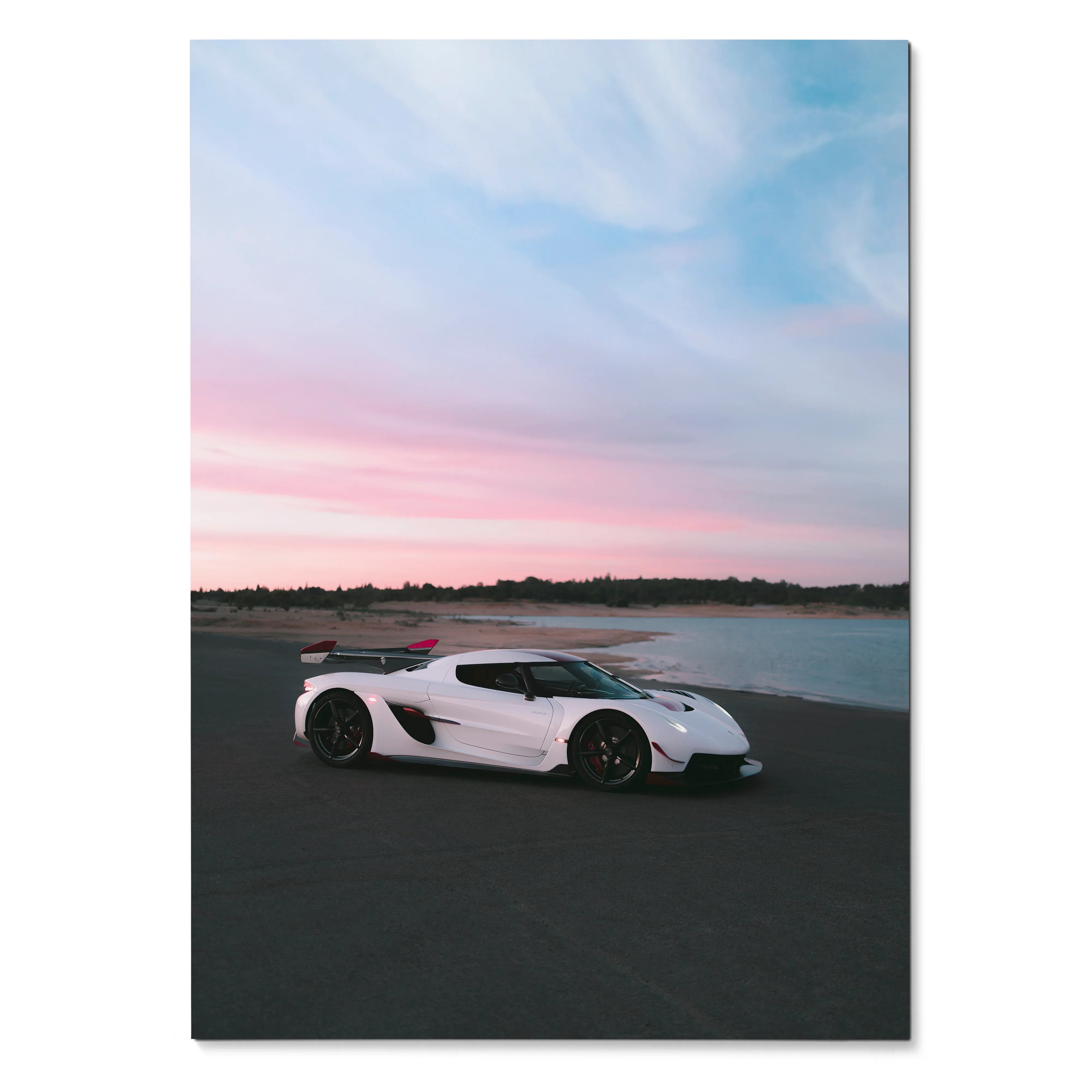 Koenigsegg Jesko white sports car parked near water at sunset poster wall art.