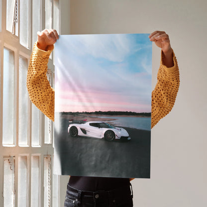 Koenigsegg Jesko white car on race track at sunset poster wall art.