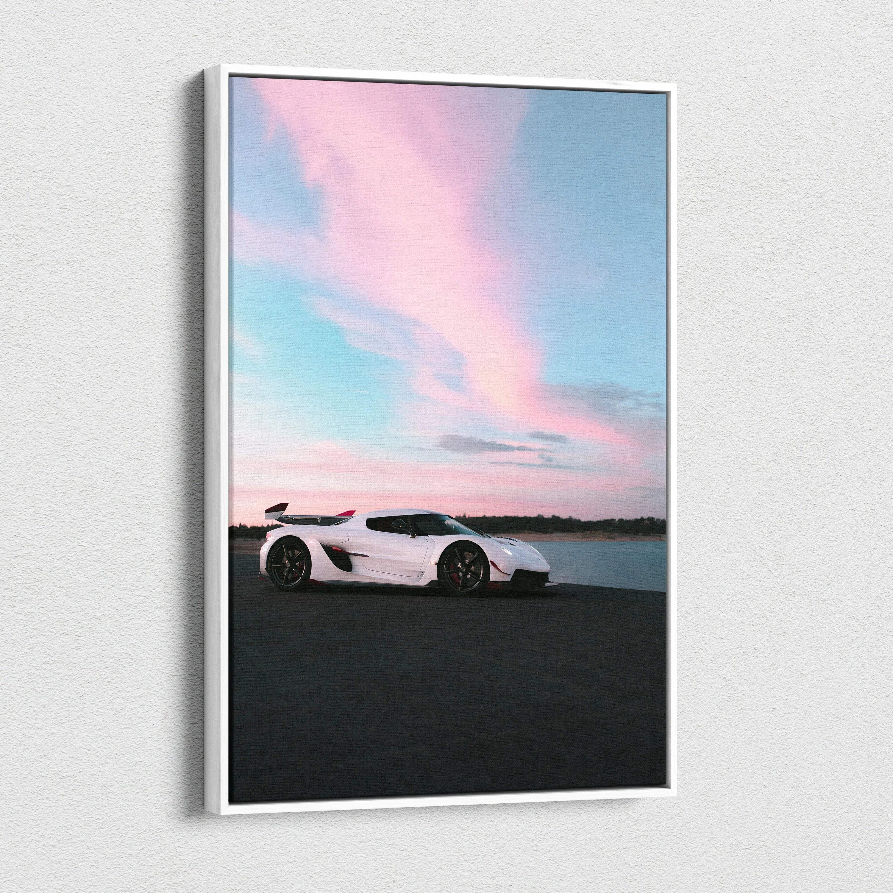 Vertical canvas art featuring a white Koenigsegg Jesko sports car under a pink and blue sunset sky, wall art for car.