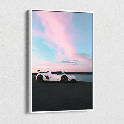 Vertical canvas art featuring a white Koenigsegg Jesko sports car under a pink and blue sunset sky, wall art for car.