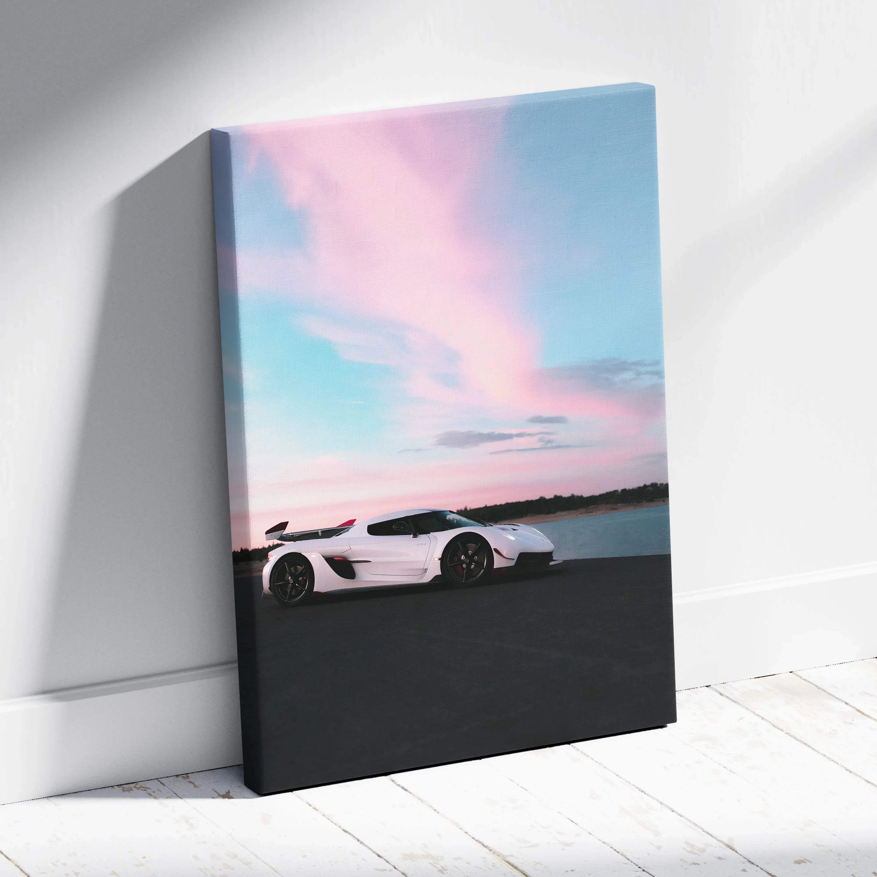 Koenigsegg Jesko white hypercar against pastel pink and blue sunset sky canvas wall art.