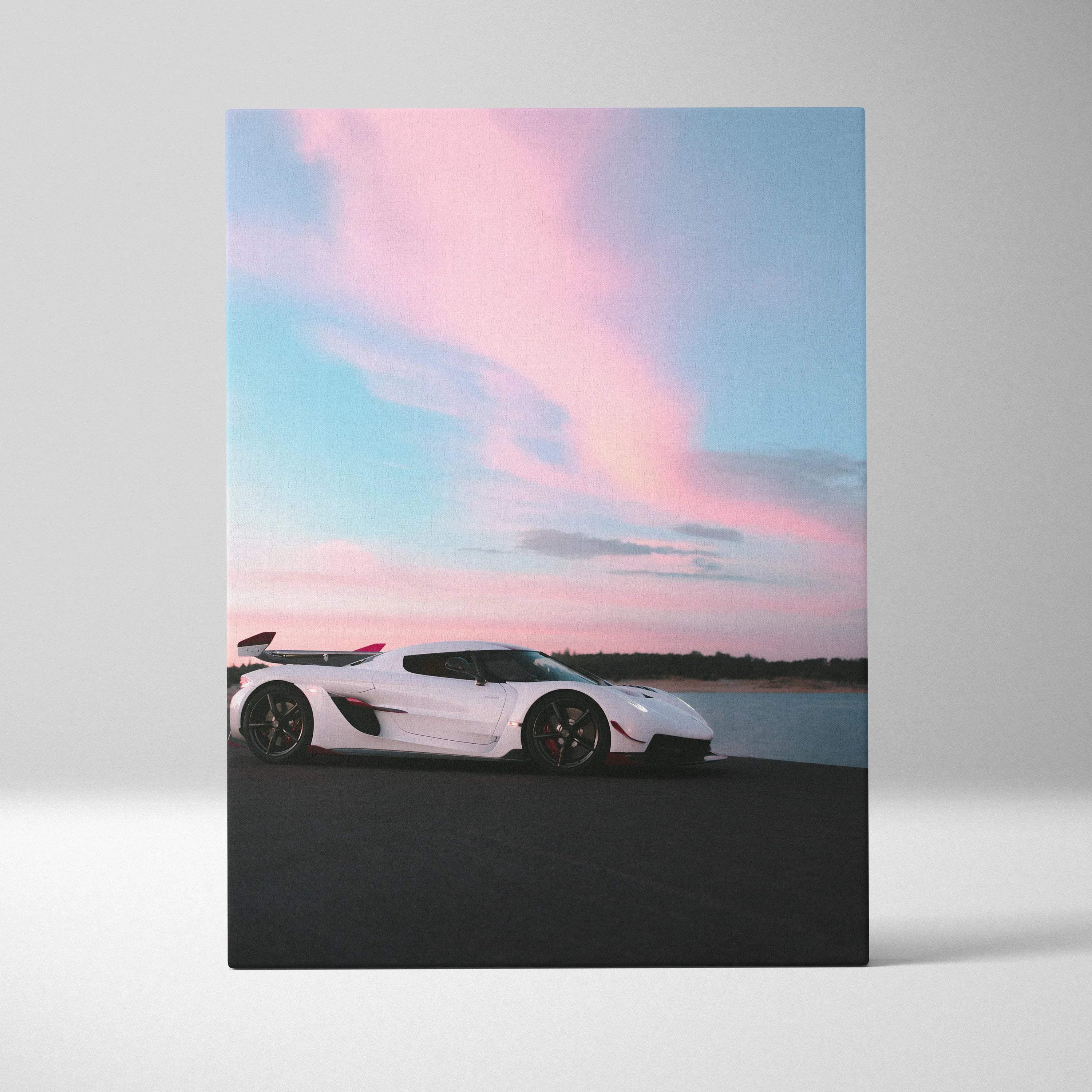 Koenigsegg Jesko sports car parked by water under pink and blue sunset sky vertical canvas wall art.