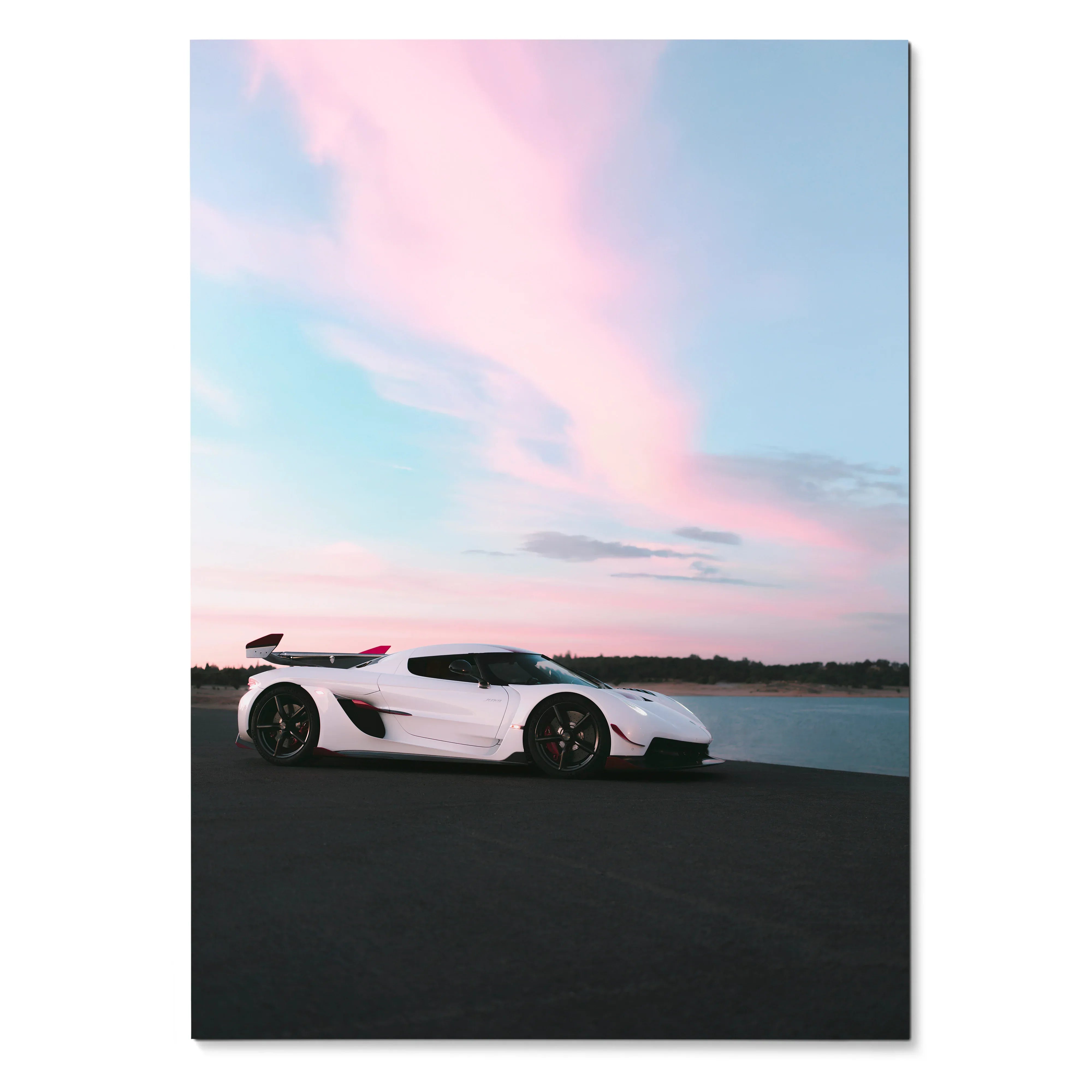 Koenigsegg Jesko white sports car against pastel pink and blue sky poster wall art.