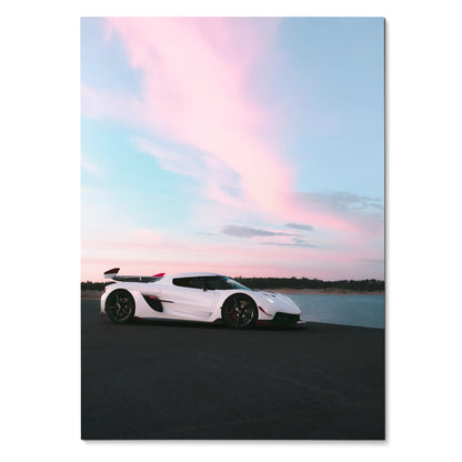 Koenigsegg Jesko white sports car against pastel pink and blue sky poster wall art.
