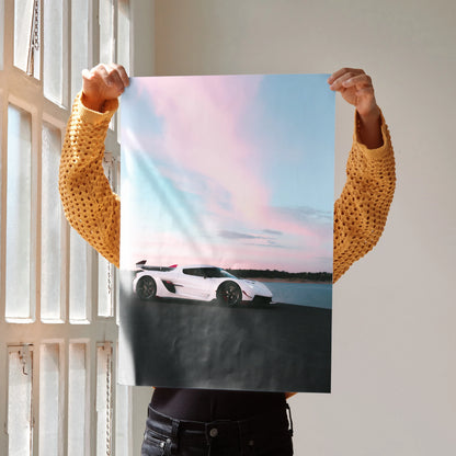 Koenigsegg Jesko car poster with white hypercar against sunset sky, modern wall art.