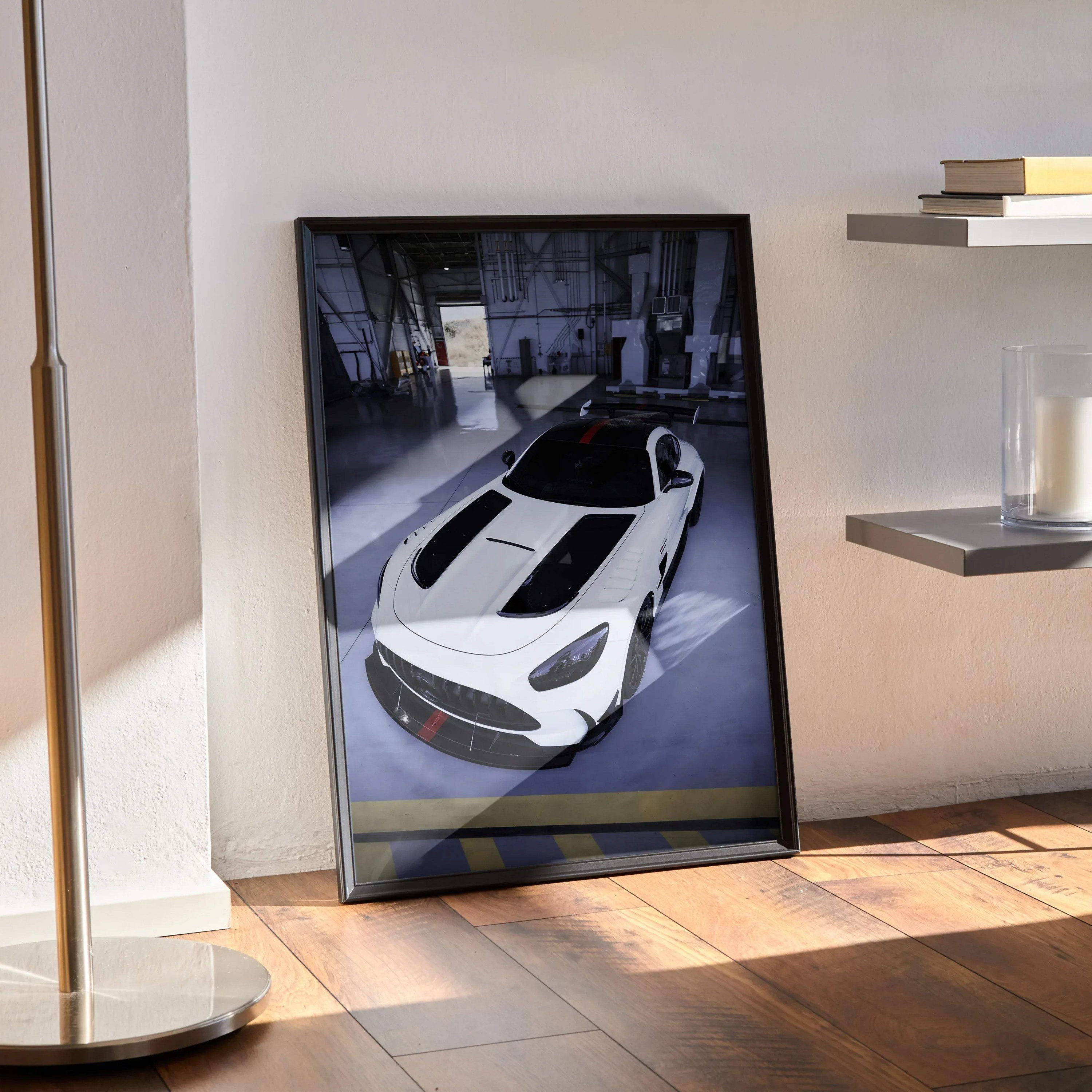 Mercedes AMG GT Black Series sports car poster with sleek design in black frame, modern wall art.