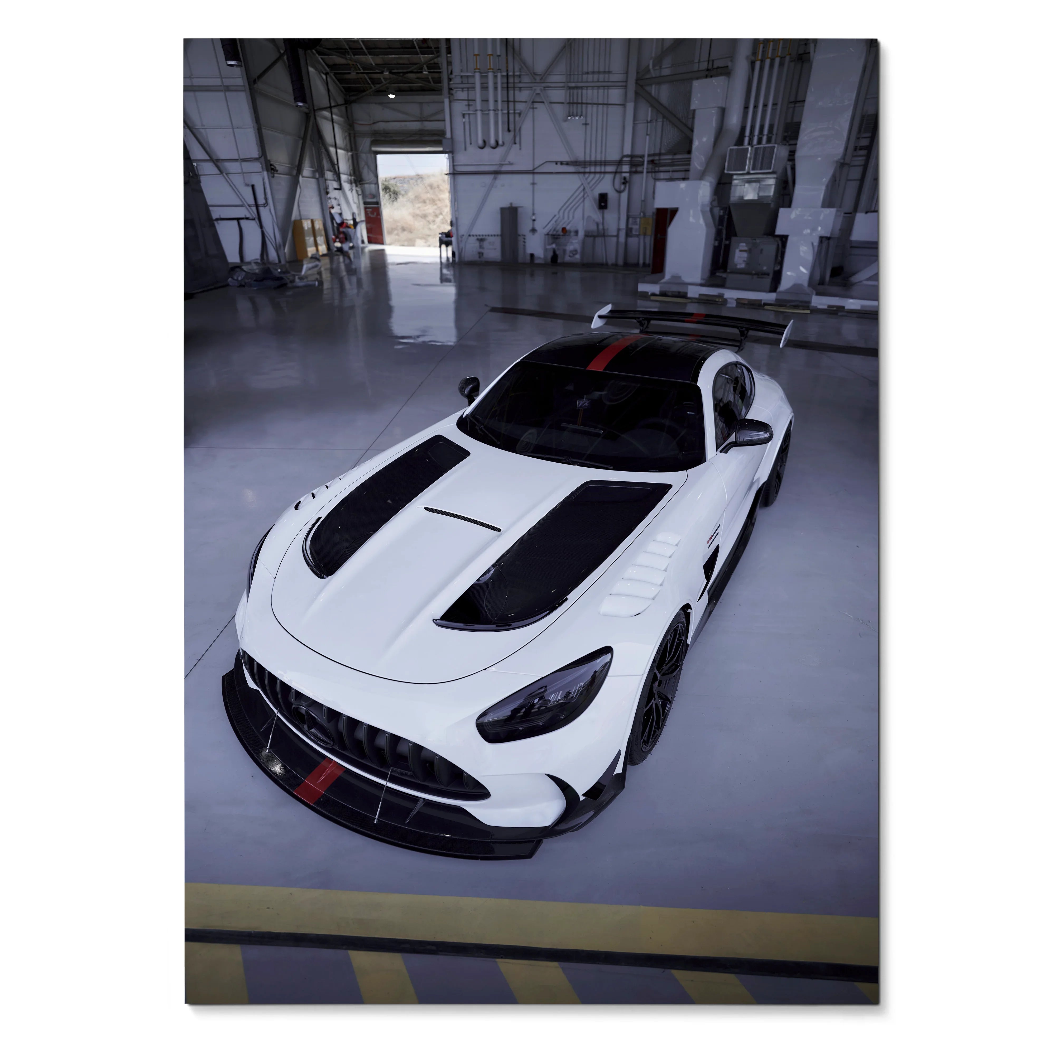 Mercedes AMG GT Black Series white sports car poster with black accents, wall art.