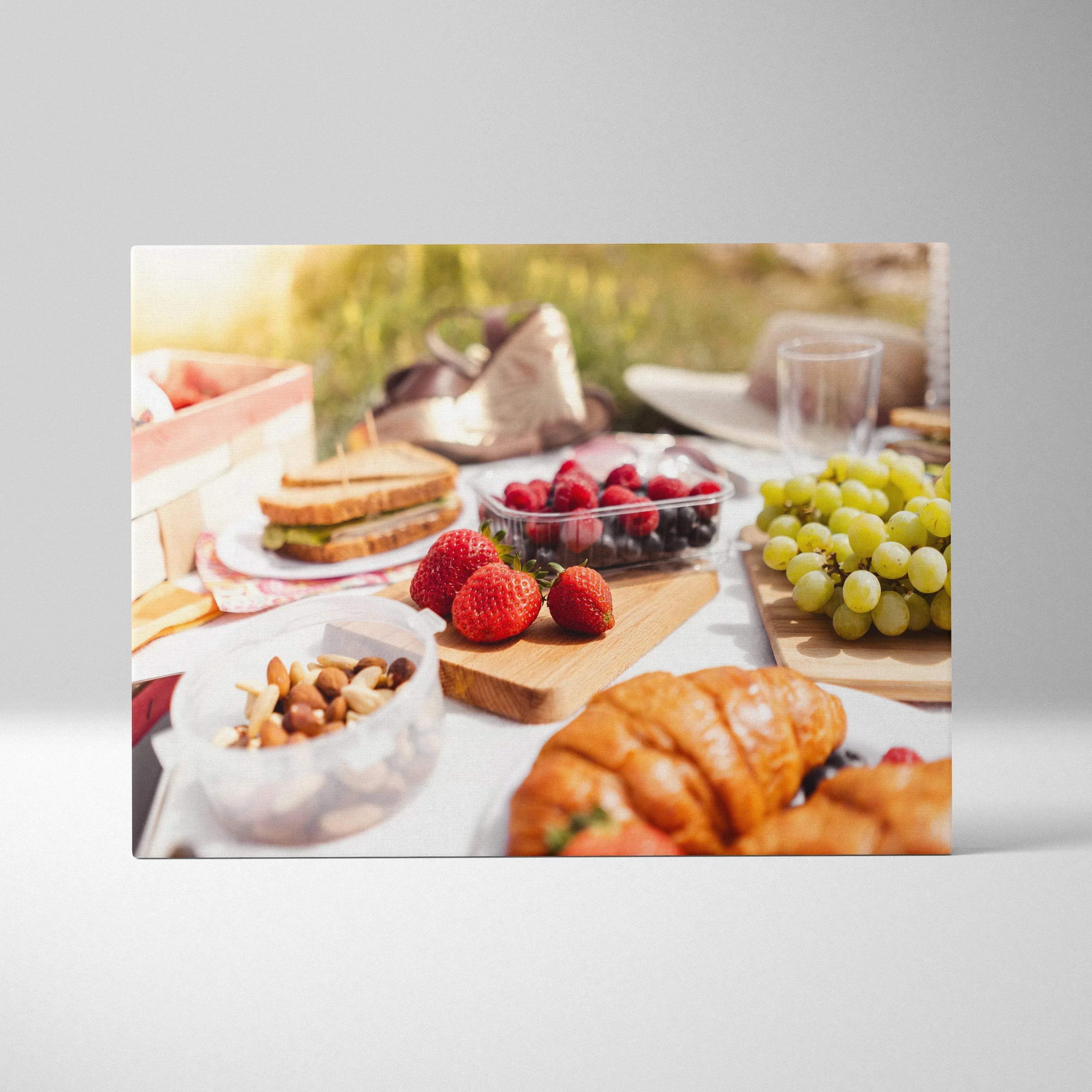 Canvas wall art featuring fresh strawberries, green grapes, nuts, and croissant on a bright lunch table setting.