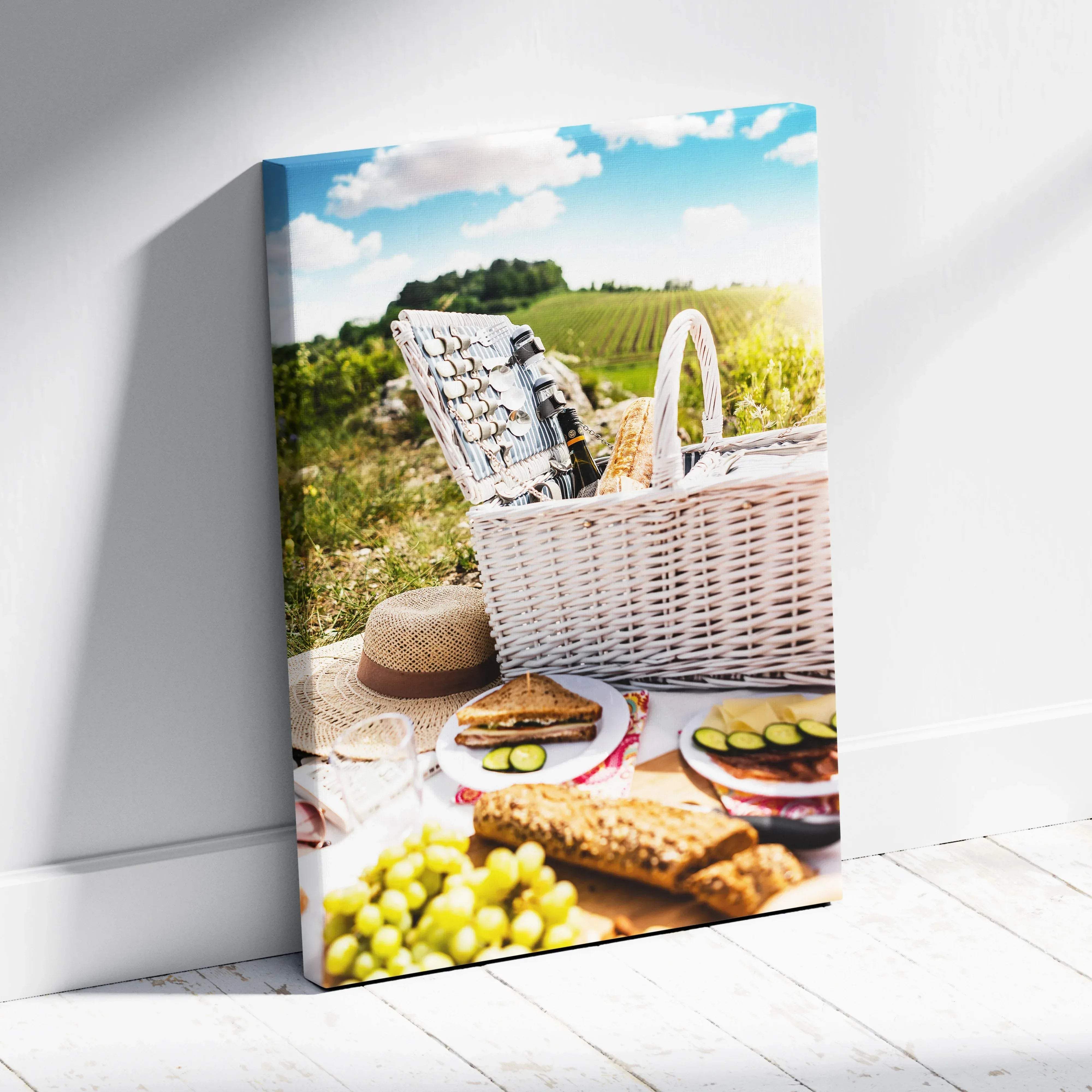 White wicker picnic basket with woven texture and handle containing bread wine and picnic items in rustic outdoor scene