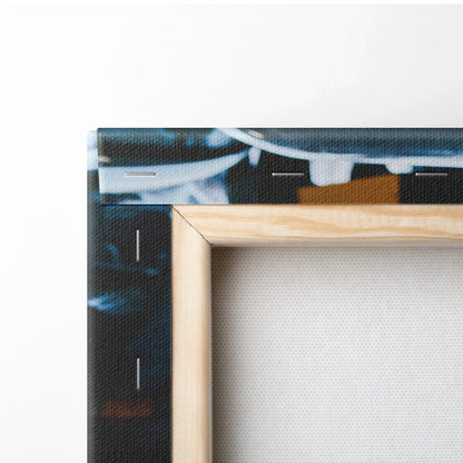 Close-up of wooden frame corner on Porsche 911 classic vertical canvas art with black edge wrap.