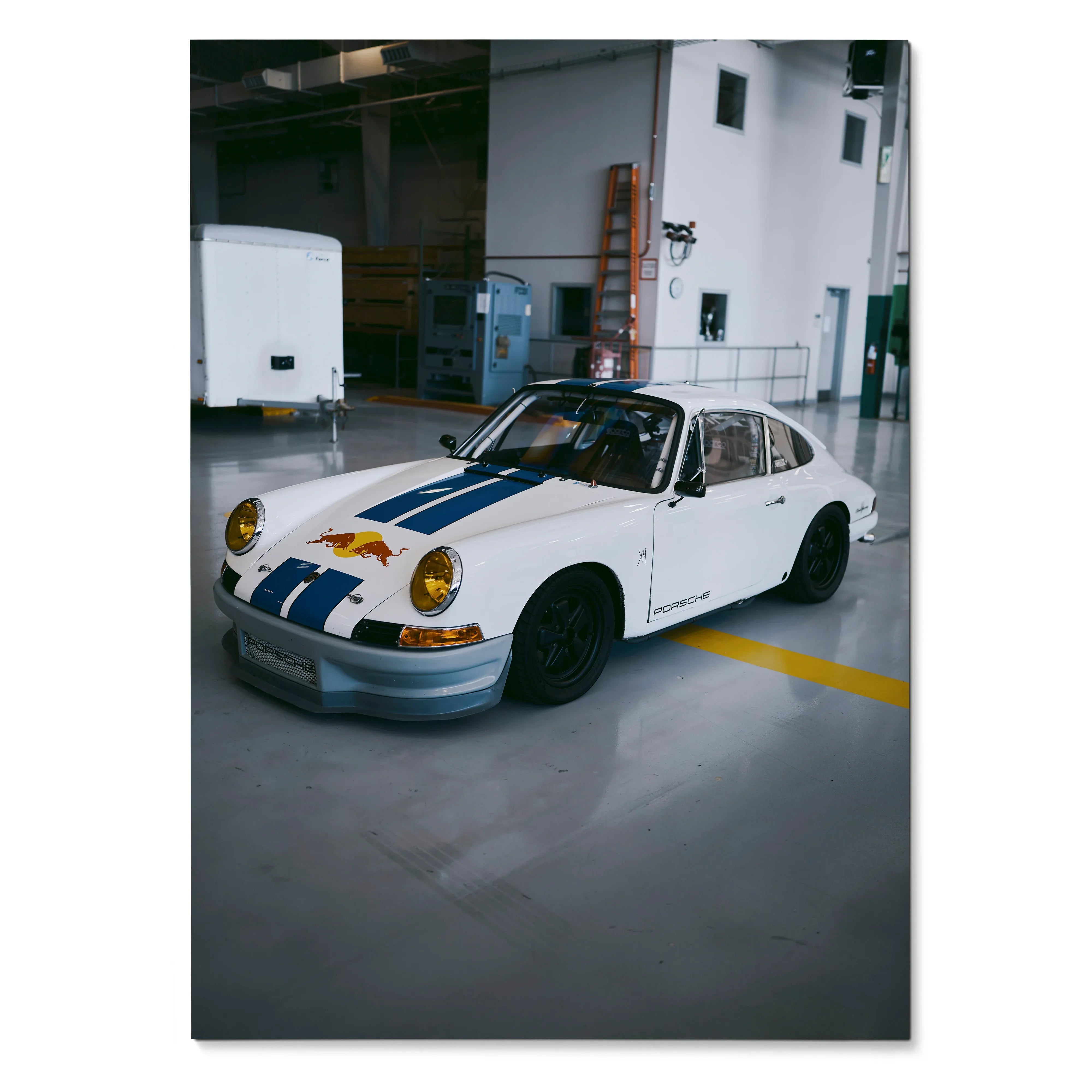 White Porsche 911 classic car with blue racing stripes on wall art poster.