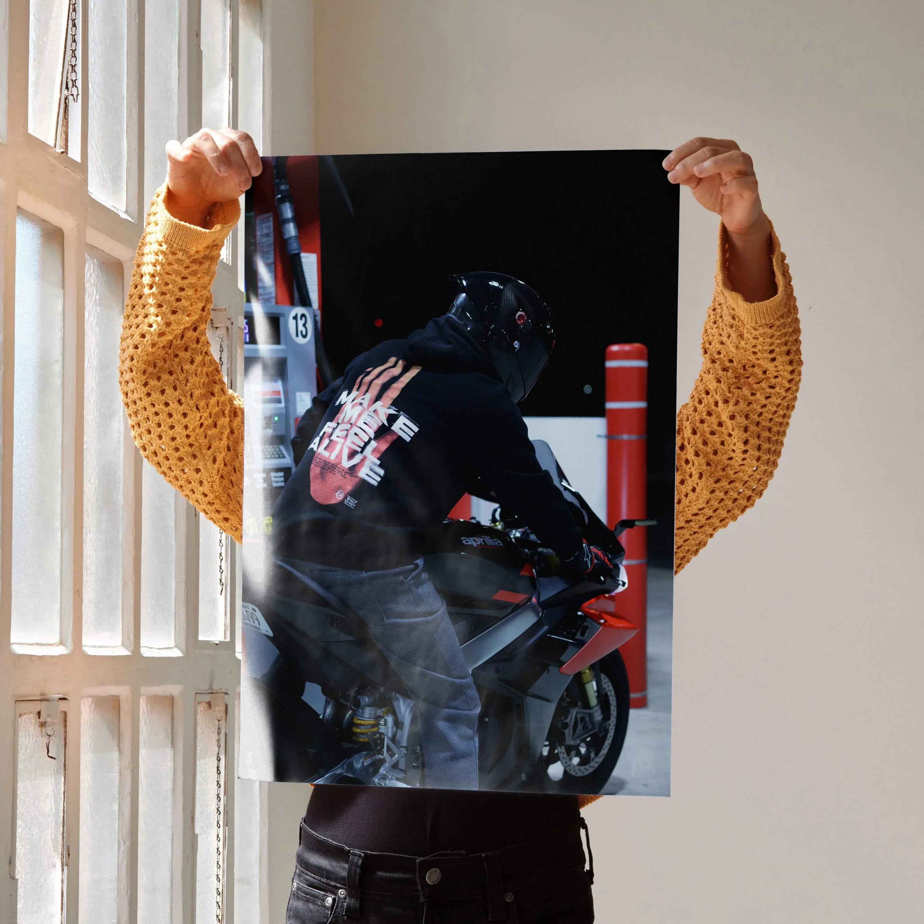 Biker Poster #092 - Male | Shark Aeron GP Helmet | Aprilia RSV4 Motorcycle - Throttle Designs