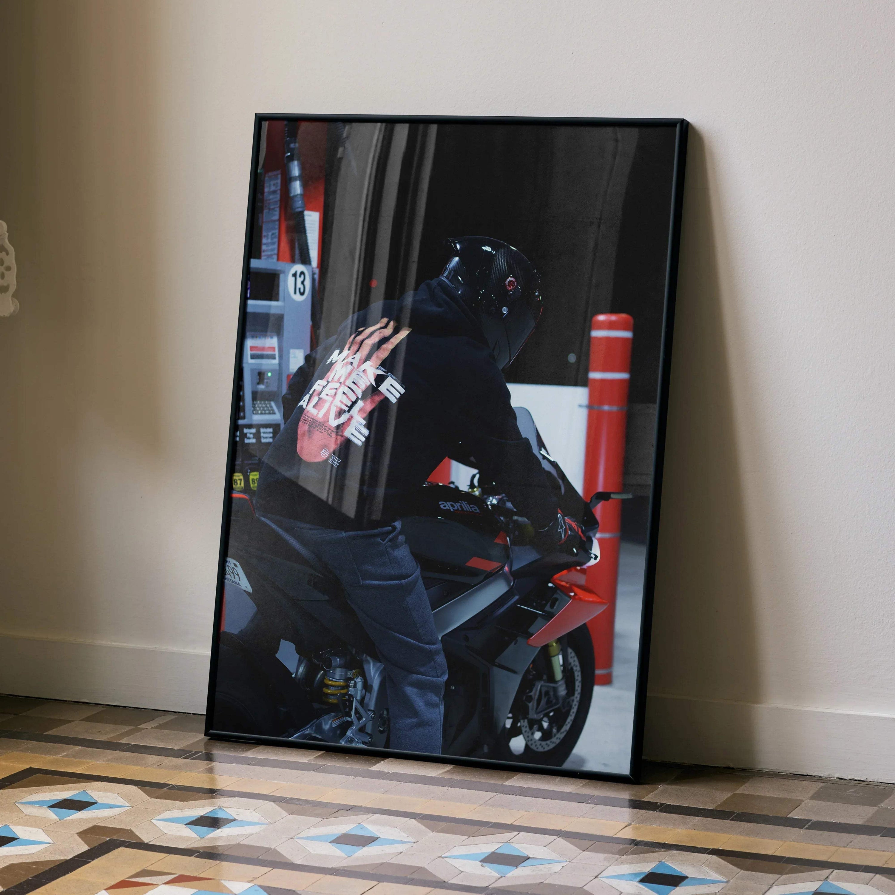 Biker Poster #092 - Male | Shark Aeron GP Helmet | Aprilia RSV4 Motorcycle - Throttle Designs