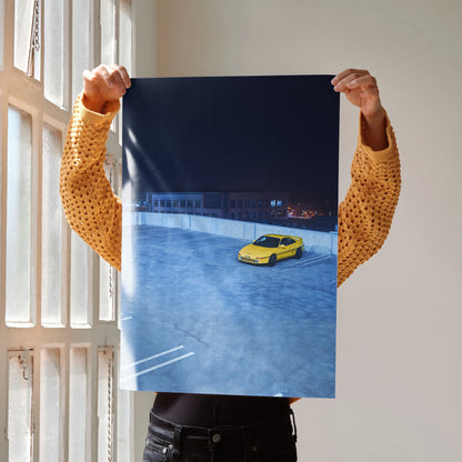 Toyota MR2 yellow sports car on asphalt at night poster wall art.