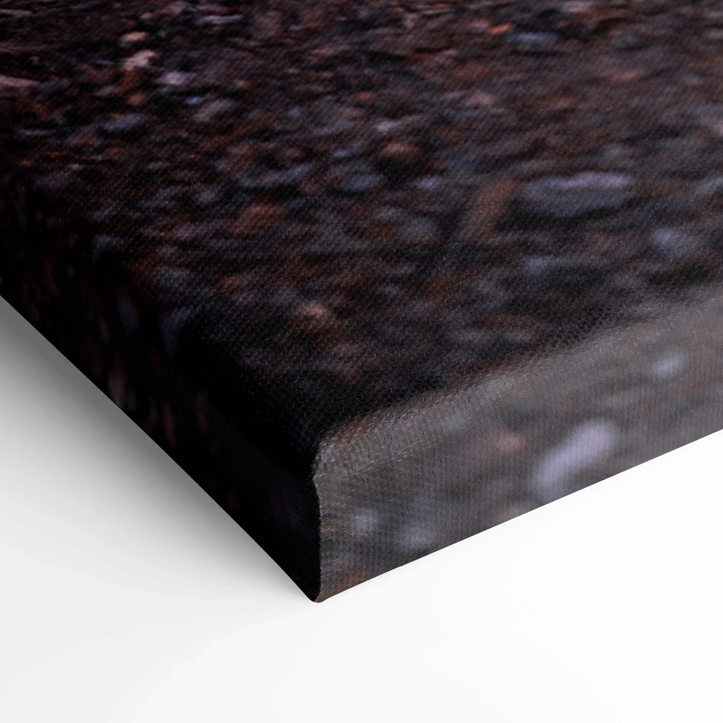Close-up of textured canvas edge with dark abstract art, museum quality wall art print.