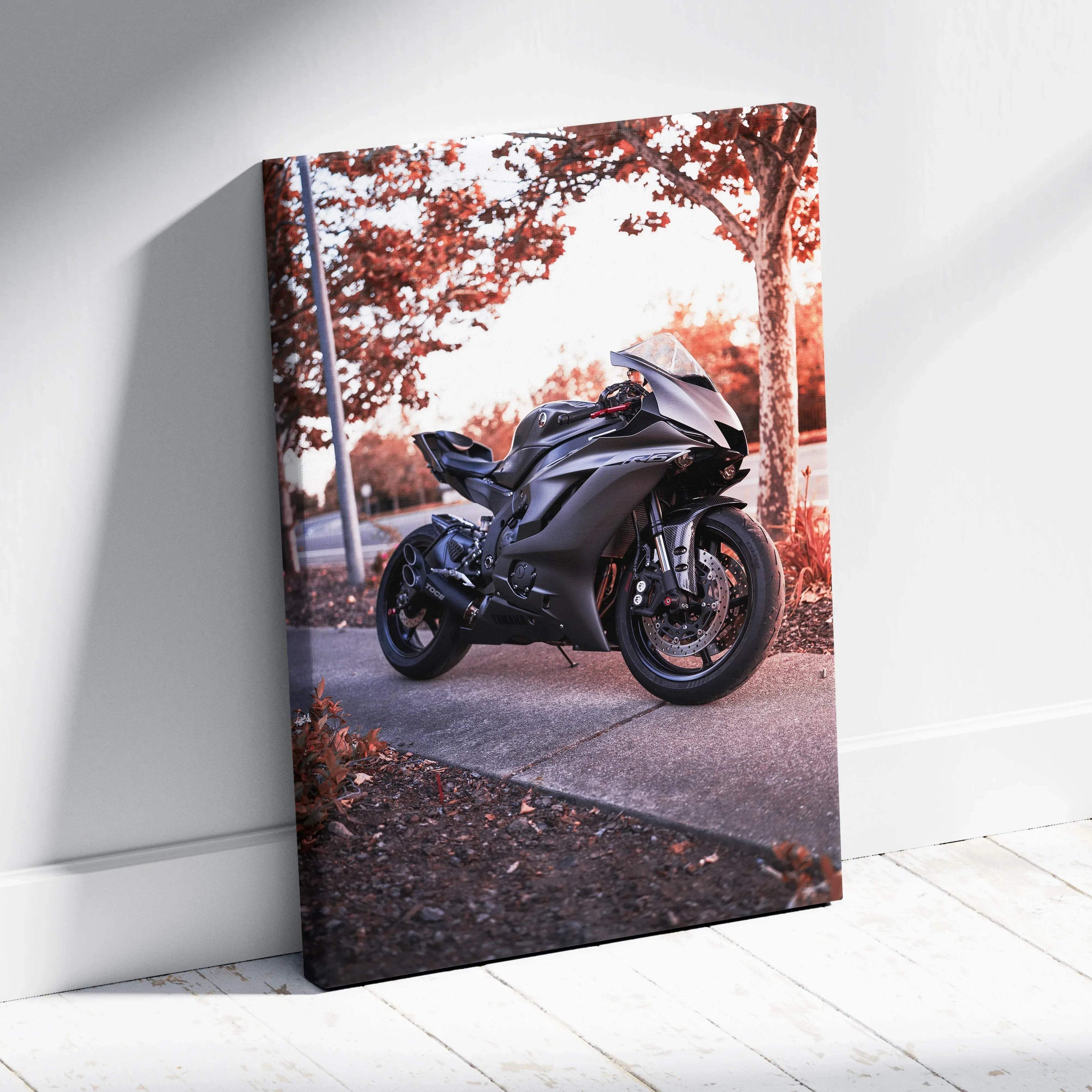 Yamaha R6 motorcycle in autumn setting canvas art with muted fall colors wall art.