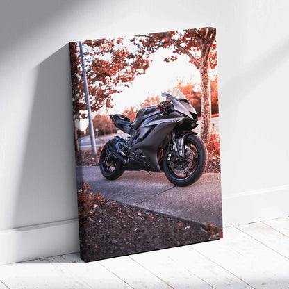 Yamaha R6 motorcycle in autumn setting canvas art with muted fall colors wall art.