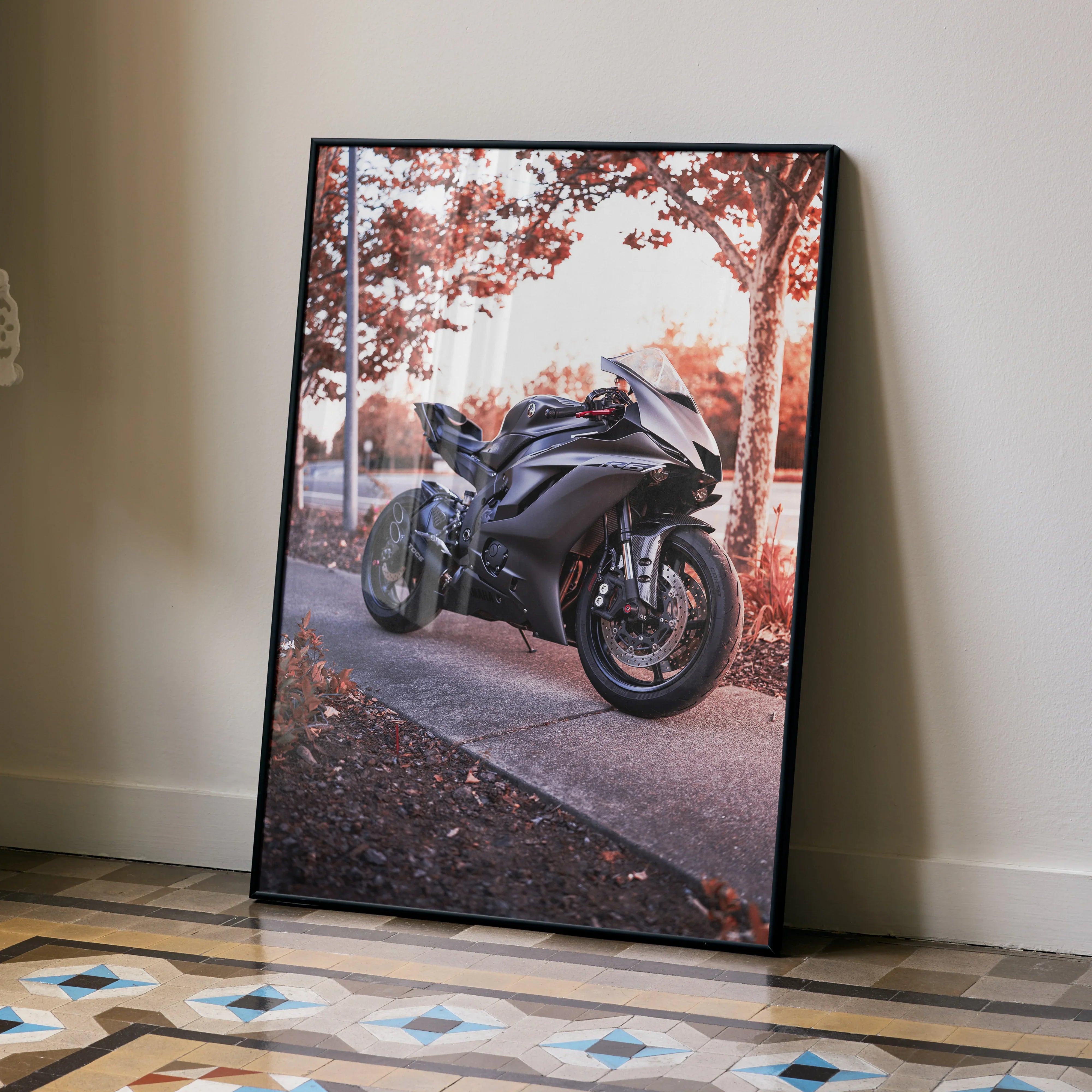 Yamaha R6 motorcycle black sport bike poster leaning against wall autumn park wall art.