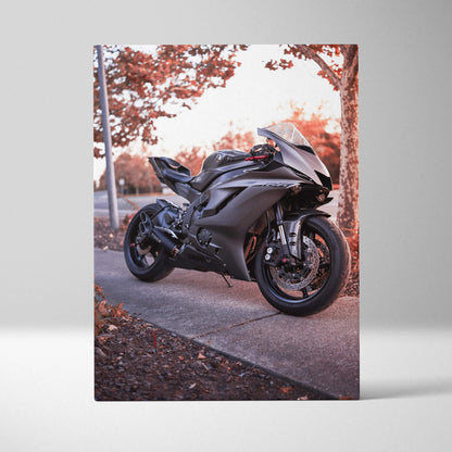 Yamaha R6 matte black motorcycle on autumn street canvas wall art vertical print.