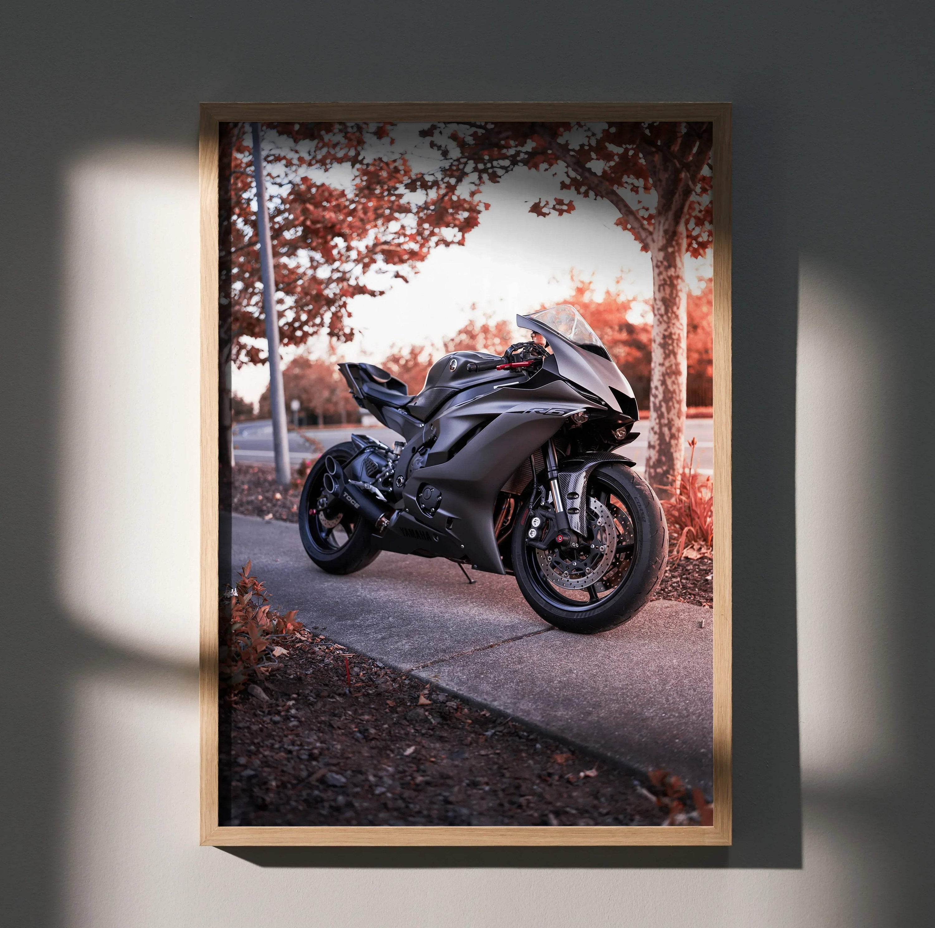 Yamaha R6 motorcycle poster with black bike and autumn trees wall art.