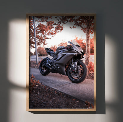 Yamaha R6 motorcycle poster with black bike and autumn trees wall art.