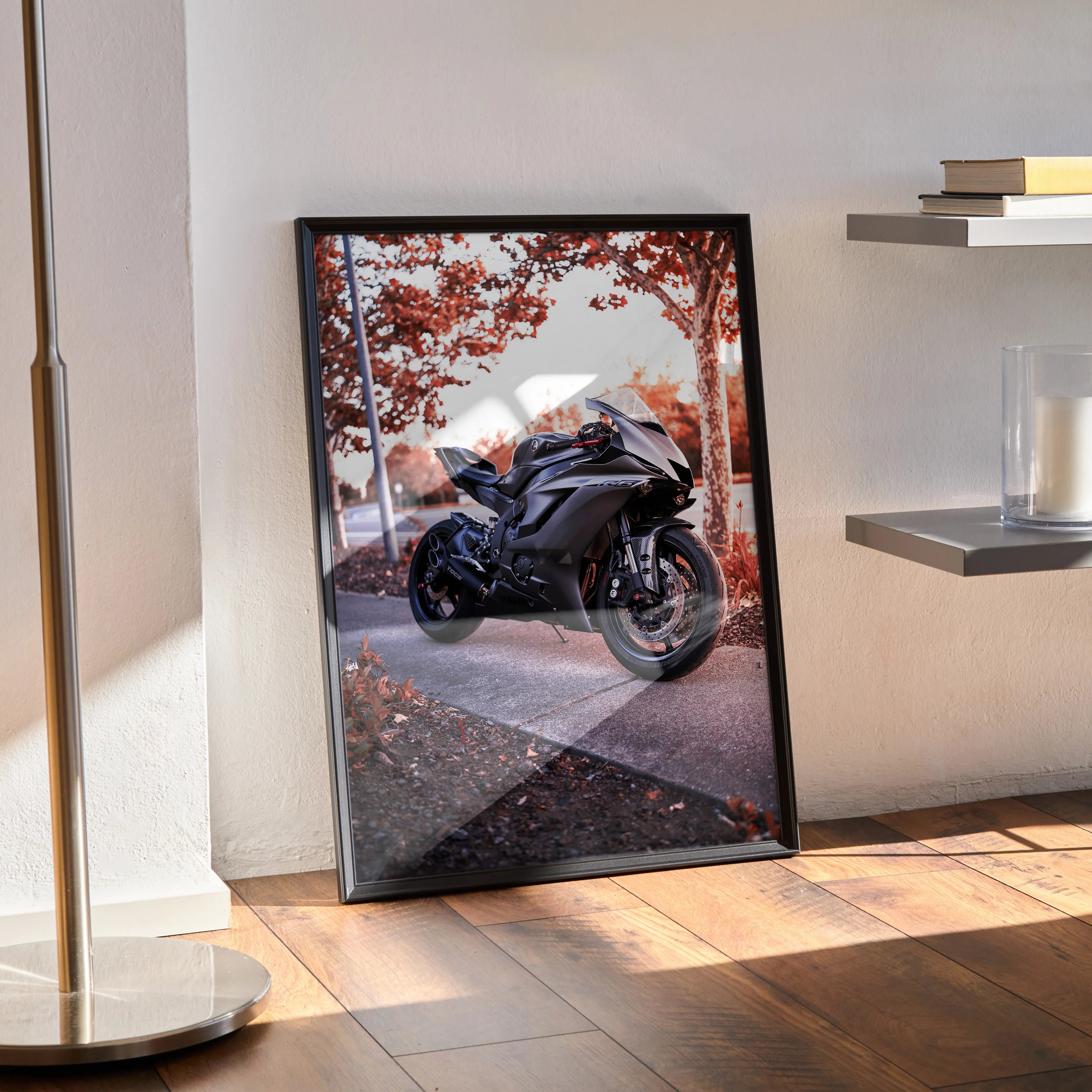 Yamaha R6 motorcycle poster with autumn trees background framed as wall art.