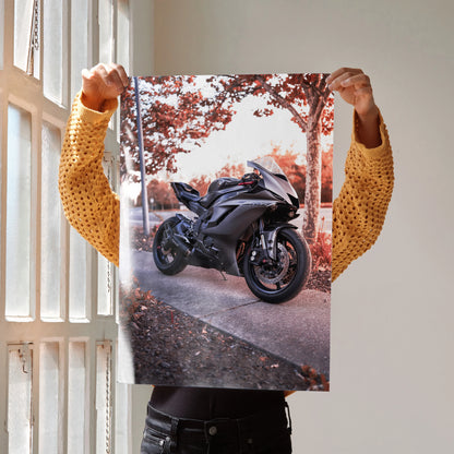 Yamaha R6 motorcycle parked on road under autumn trees poster wall art in warm tones.