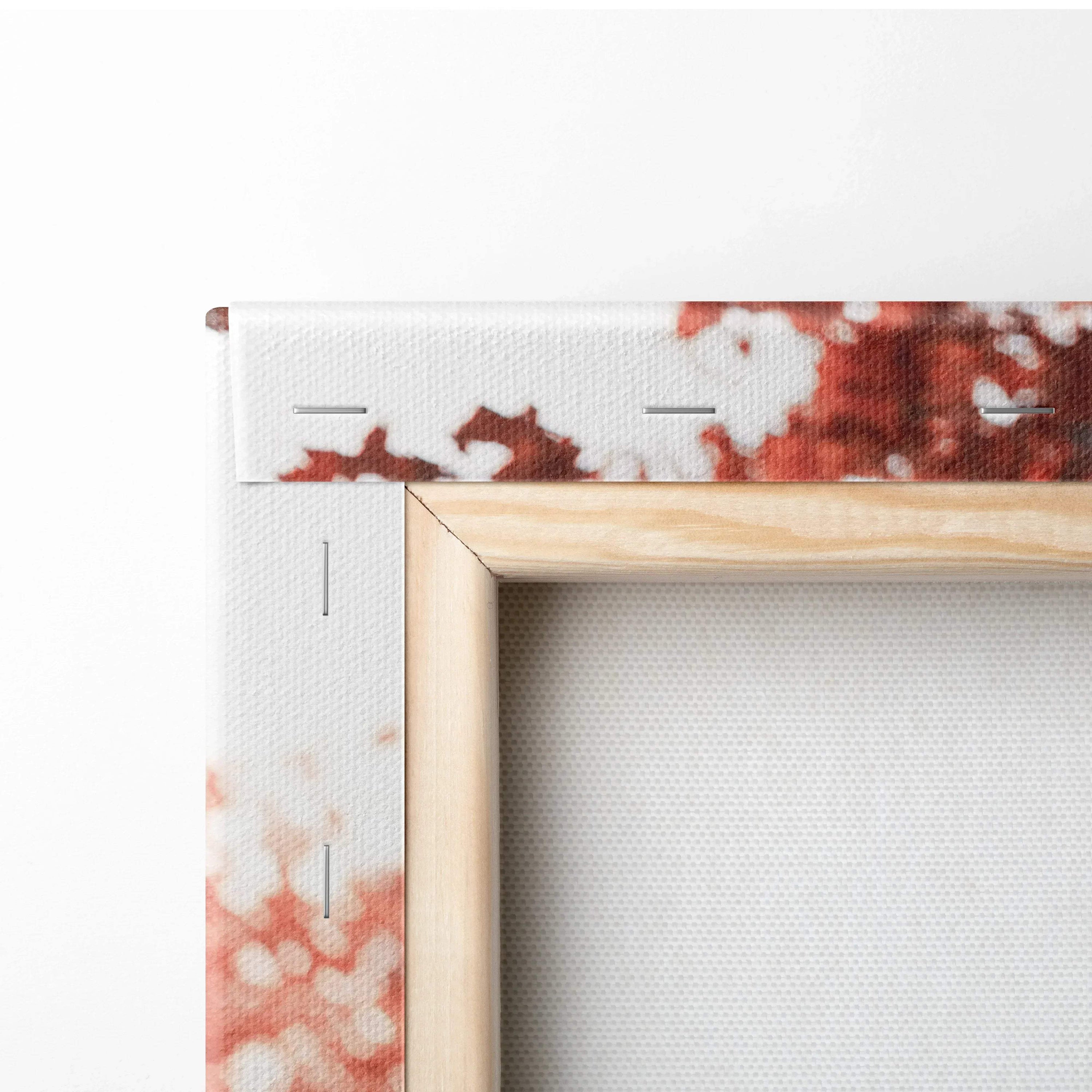 Corner detail of Yamaha R6 motorcycle canvas art with wooden frame and textured wall art surface.