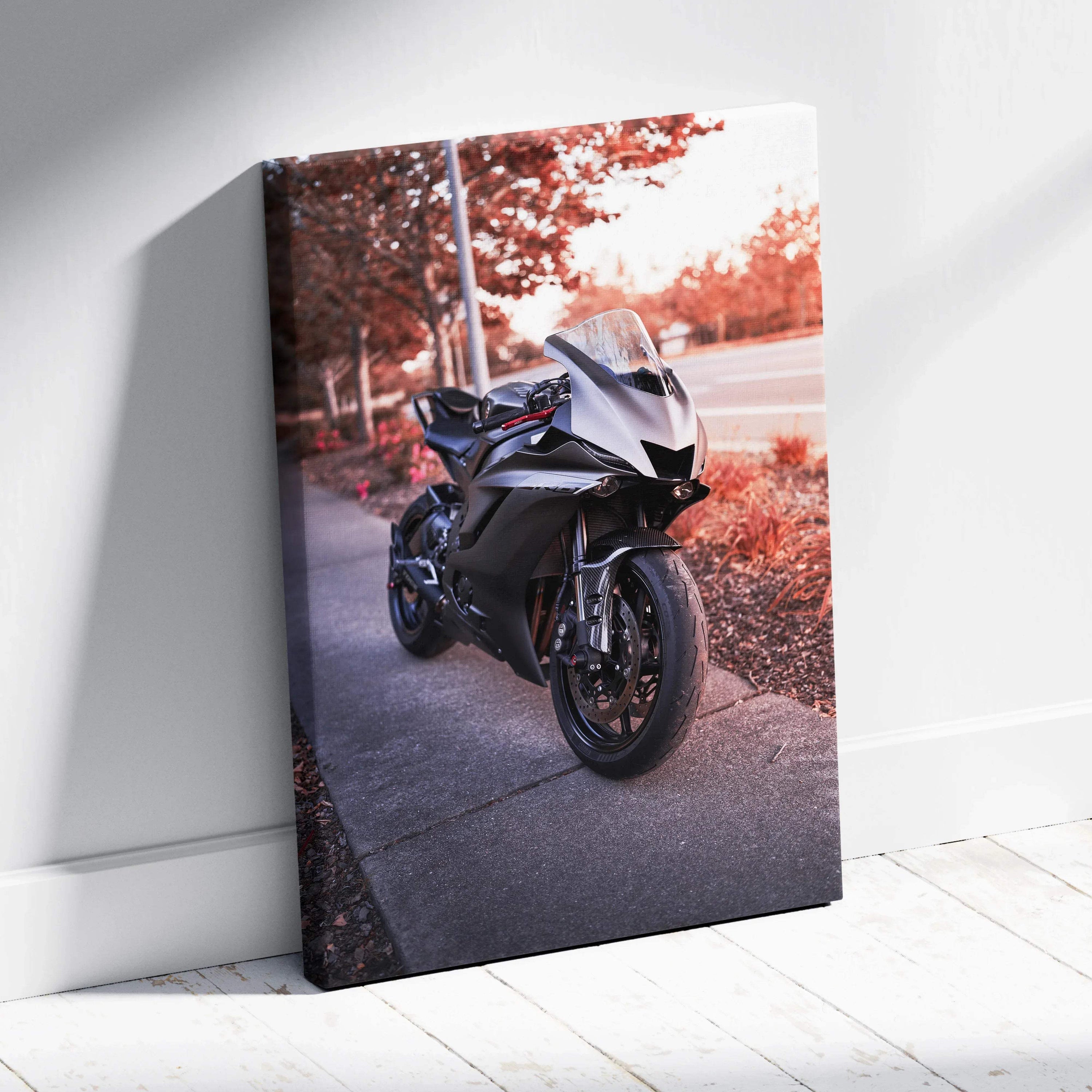 Yamaha R6 motorcycle on sidewalk with autumn trees, vertical canvas wall art print.