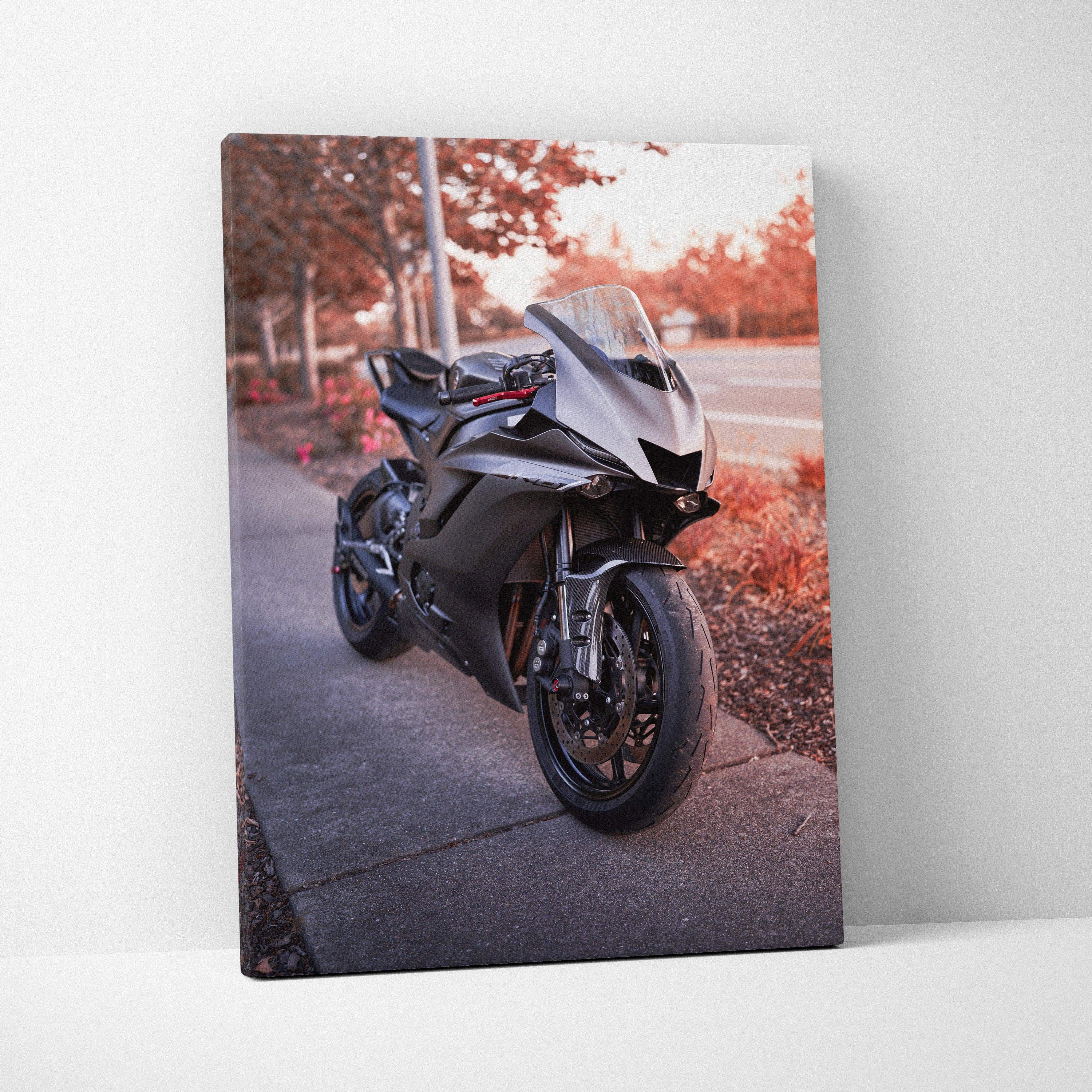 Yamaha R6 motorcycle canvas art with autumn background, sleek black sportbike wall art.