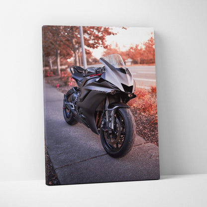 Yamaha R6 motorcycle canvas art with autumn background, sleek black sportbike wall art.