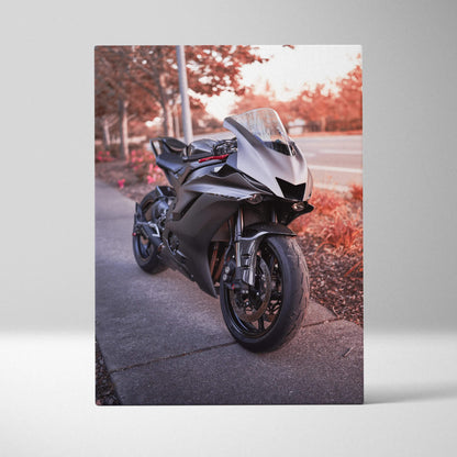 Yamaha R6 motorcycle detailed close-up vertical canvas art with blurred autumn background.