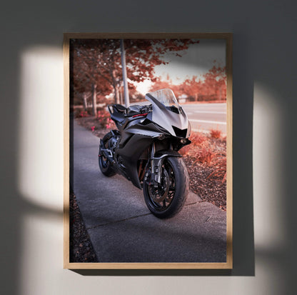 Yamaha R6 motorcycle sleek black design on street at sunset poster wall art in wooden frame.