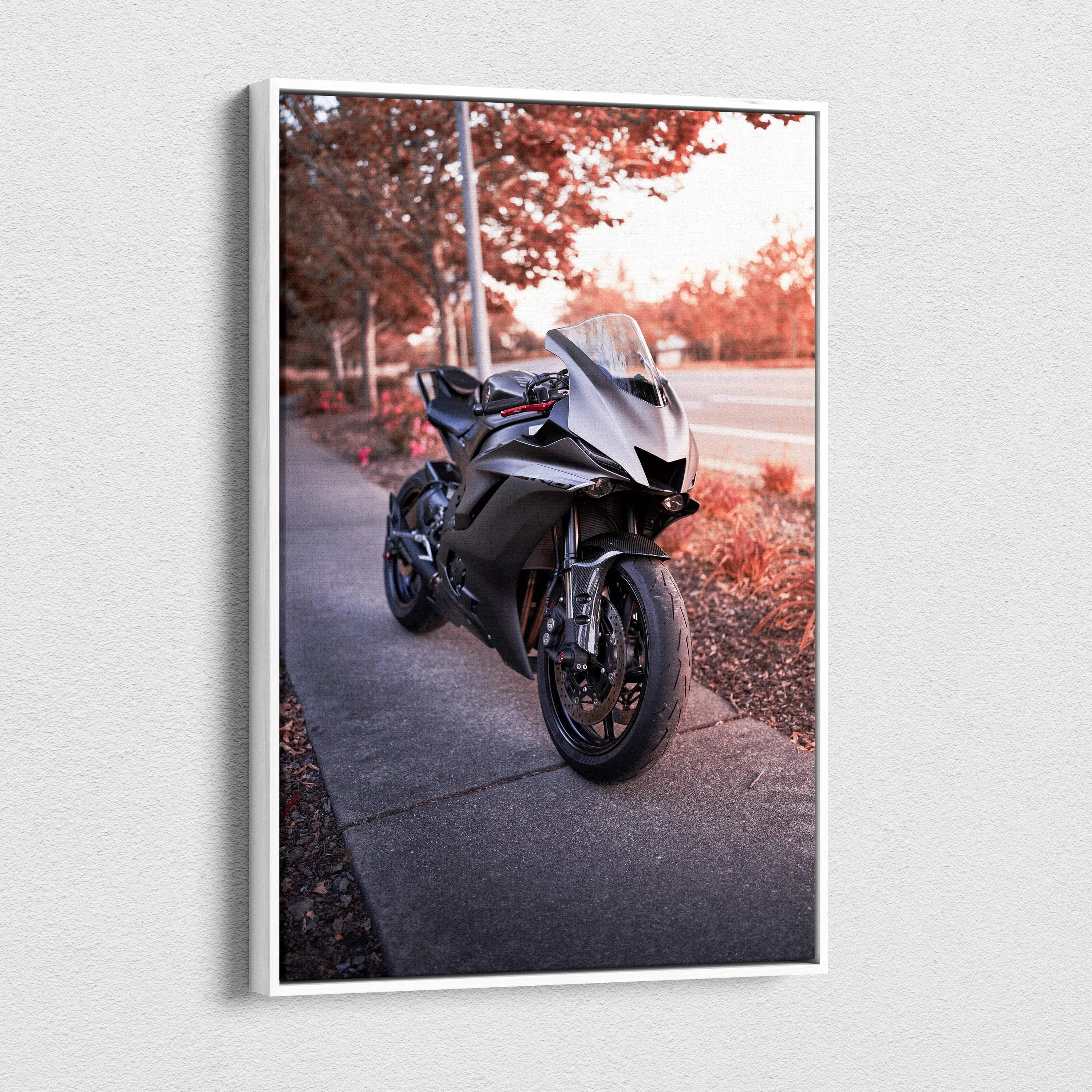 Yamaha R6 motorcycle canvas art with black bike on sidewalk and autumn trees wall art.