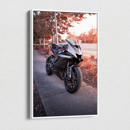 Yamaha R6 motorcycle canvas art with black bike on sidewalk and autumn trees wall art.