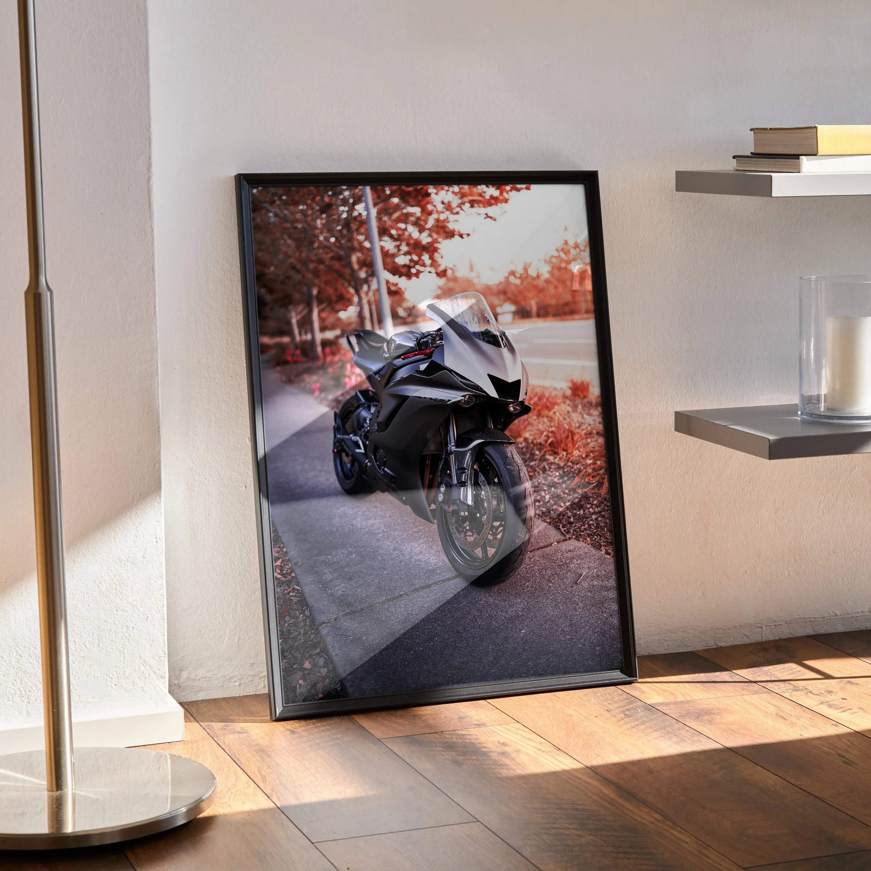 Yamaha R6 motorcycle poster with autumn background, modern wall art in black frame.