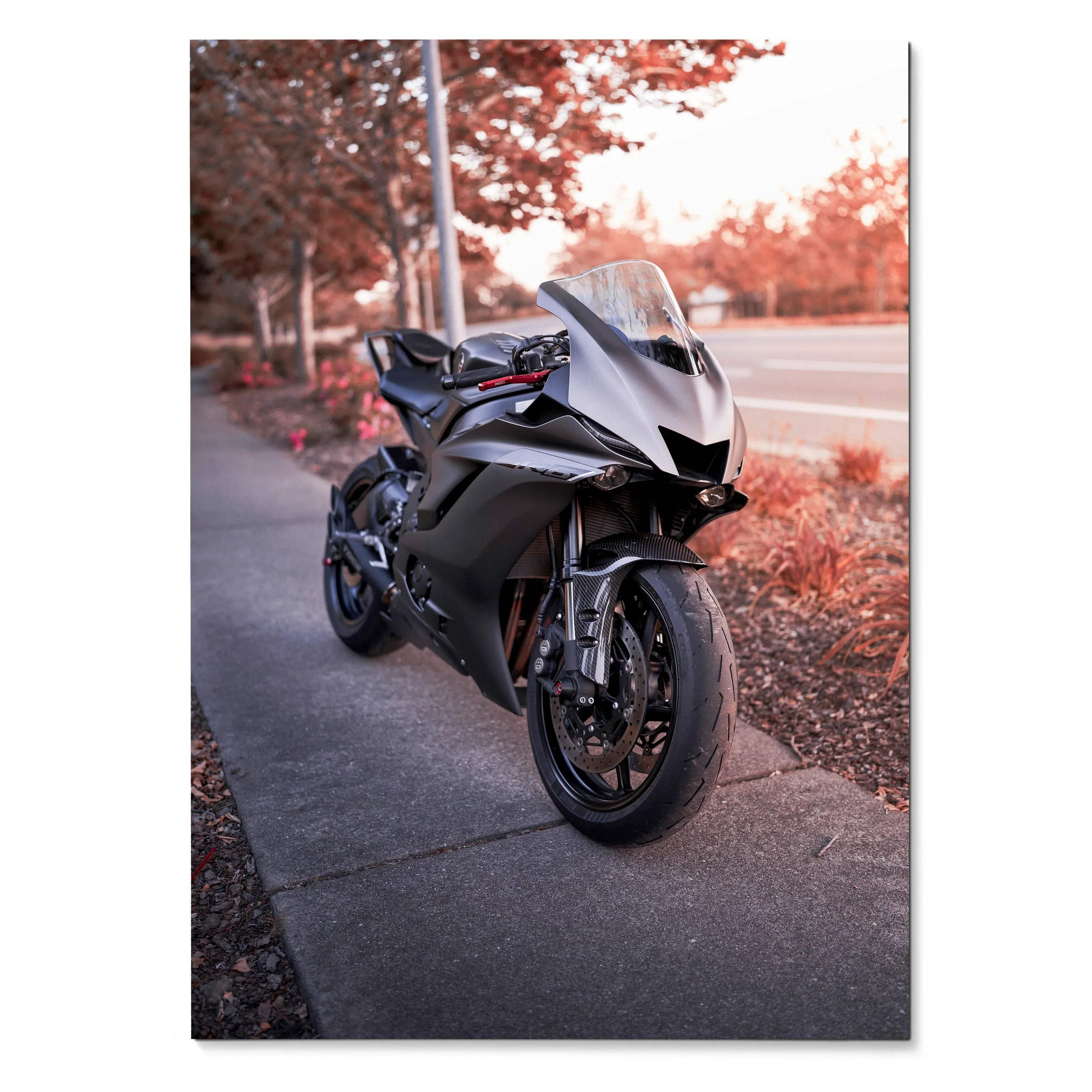 Yamaha R6 motorcycle black sportbike on sidewalk poster wall art with autumn background.