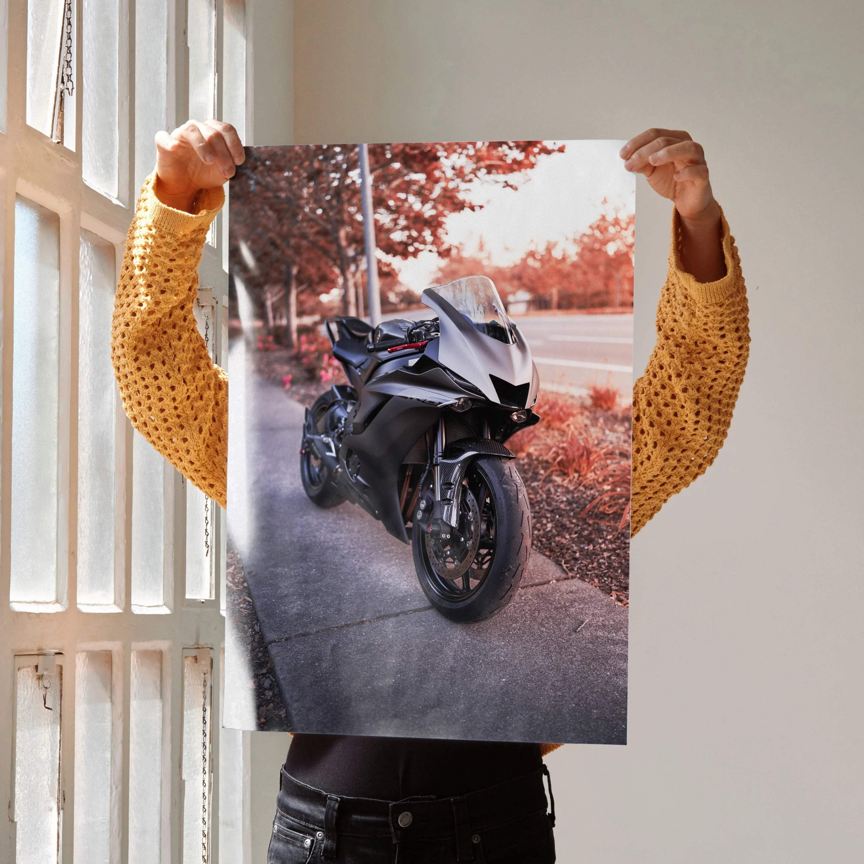 Yamaha R6 motorcycle poster with black bike and autumn leaves wall art.