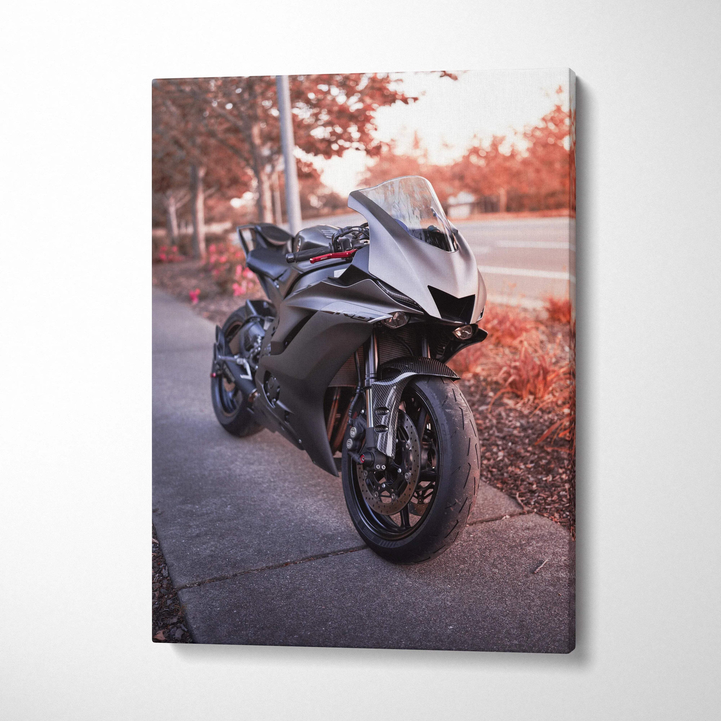Yamaha R6 black sport motorcycle canvas wall art with autumn background vertical canvas print.