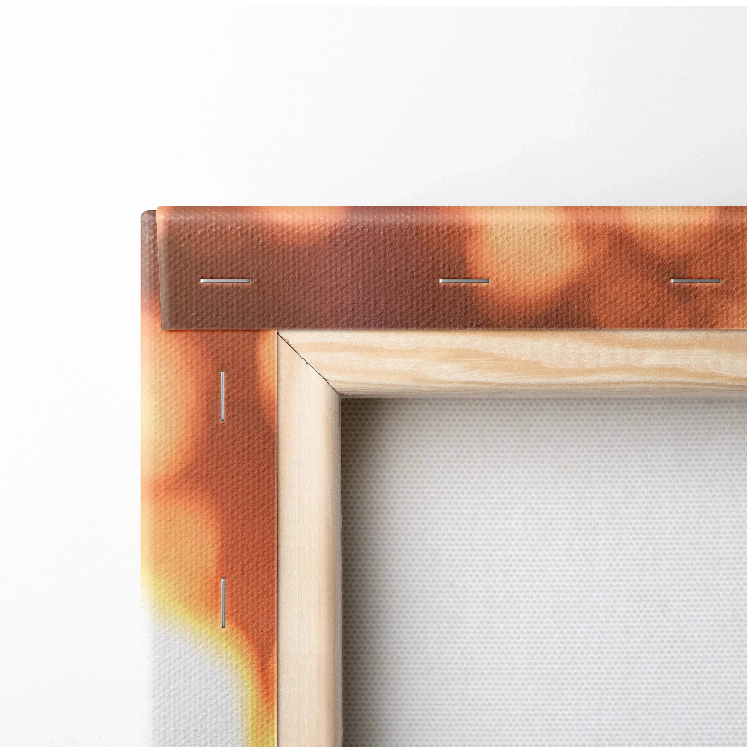 Close-up of wooden frame corner and stretched canvas with warm orange and brown tones of wall art canvas print.