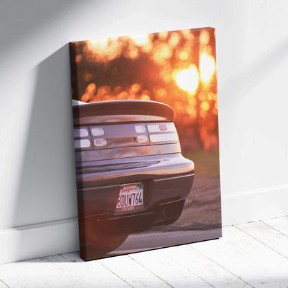 Nissan 300ZX rear view canvas wall art with sunset glow and museum-quality print.