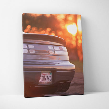 Nissan 300ZX rear view at sunset on vertical canvas wall art with warm orange tones.