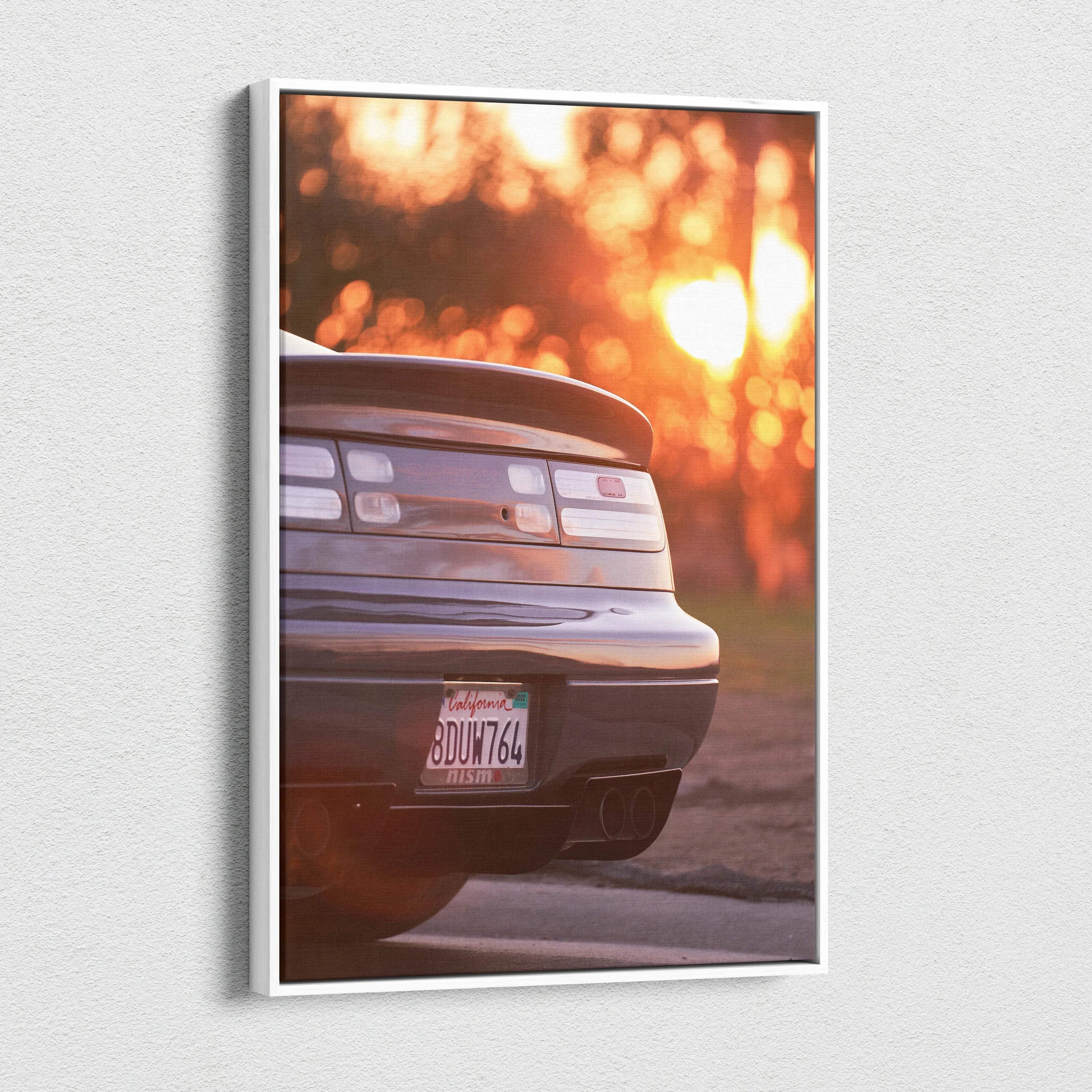 Nissan 300ZX rear close-up wall art canvas with warm sunset bokeh highlights.