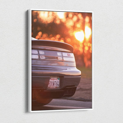 Nissan 300ZX rear close-up wall art canvas with warm sunset bokeh highlights.